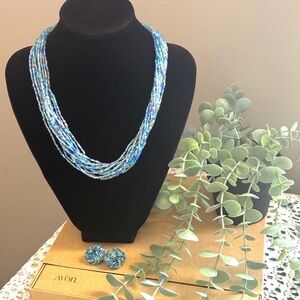 Avon 90s Bugle Glass Beaded Layered Necklace & Earring Set | Blue Silver NIB 310